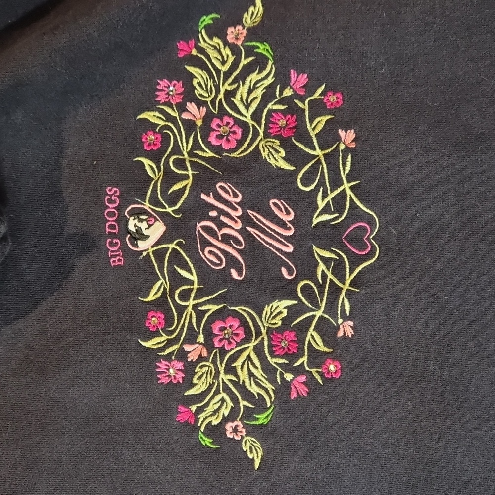 Big Dogs Bite Me Floral Embroidered Dark Navy Blue Hoodie Large